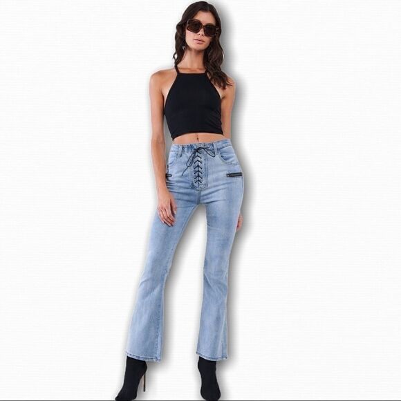 - High Waisted Denim Lace Up Bell  Bottom Je… - Picture 3 of 7